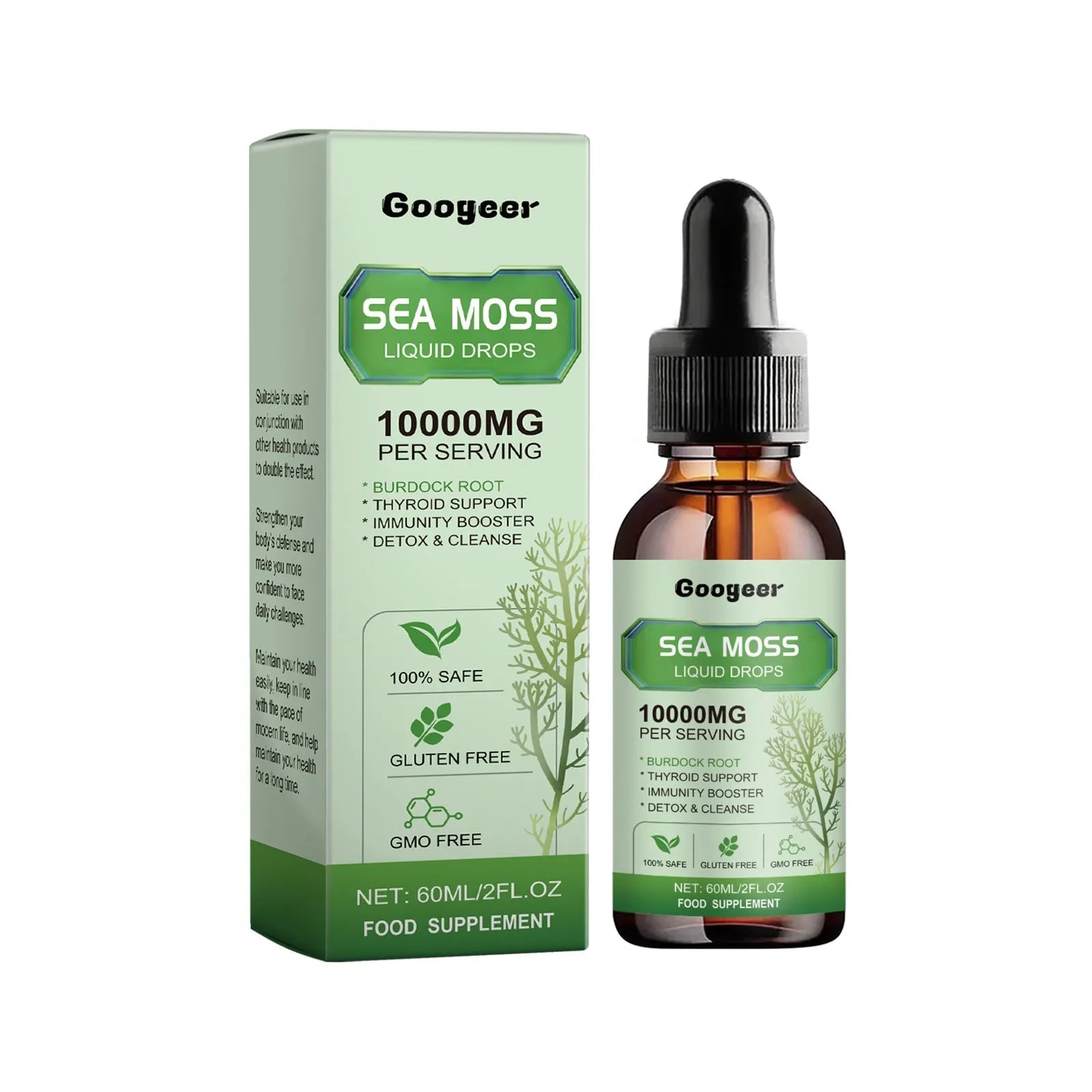 Googeer sea moss liquid drops body treatment bottle, 60ml capacity, 3.3x3.3x12cm size.