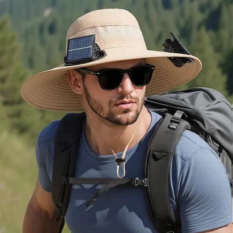 Solar-powered fan hat for outdoor fishing with adjustable design and wide sun protection brim