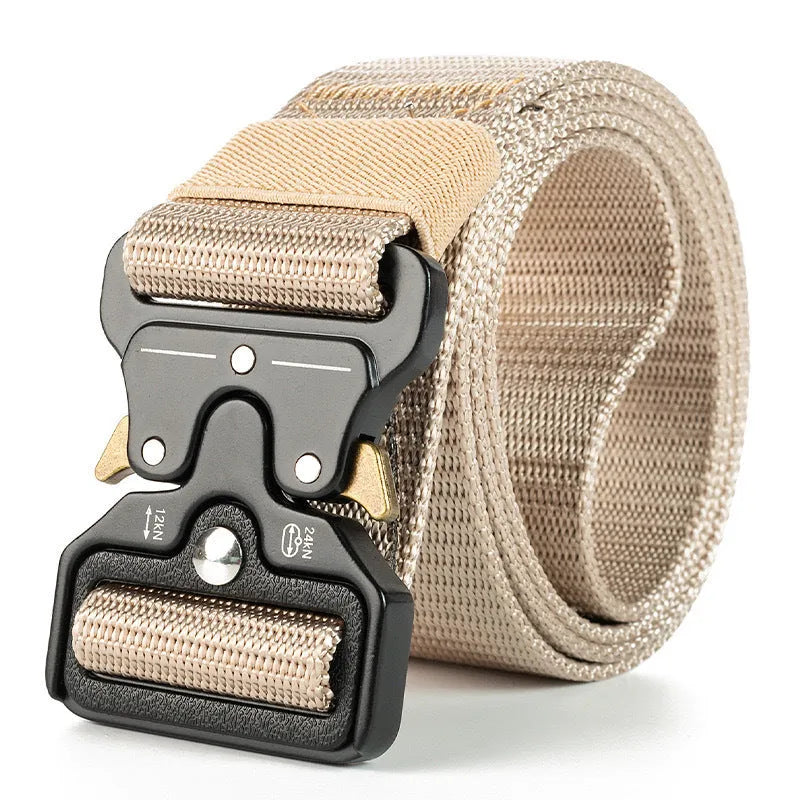 Men's canvas tactical belt with alloy release buckle showing weaving flowers texture treatment