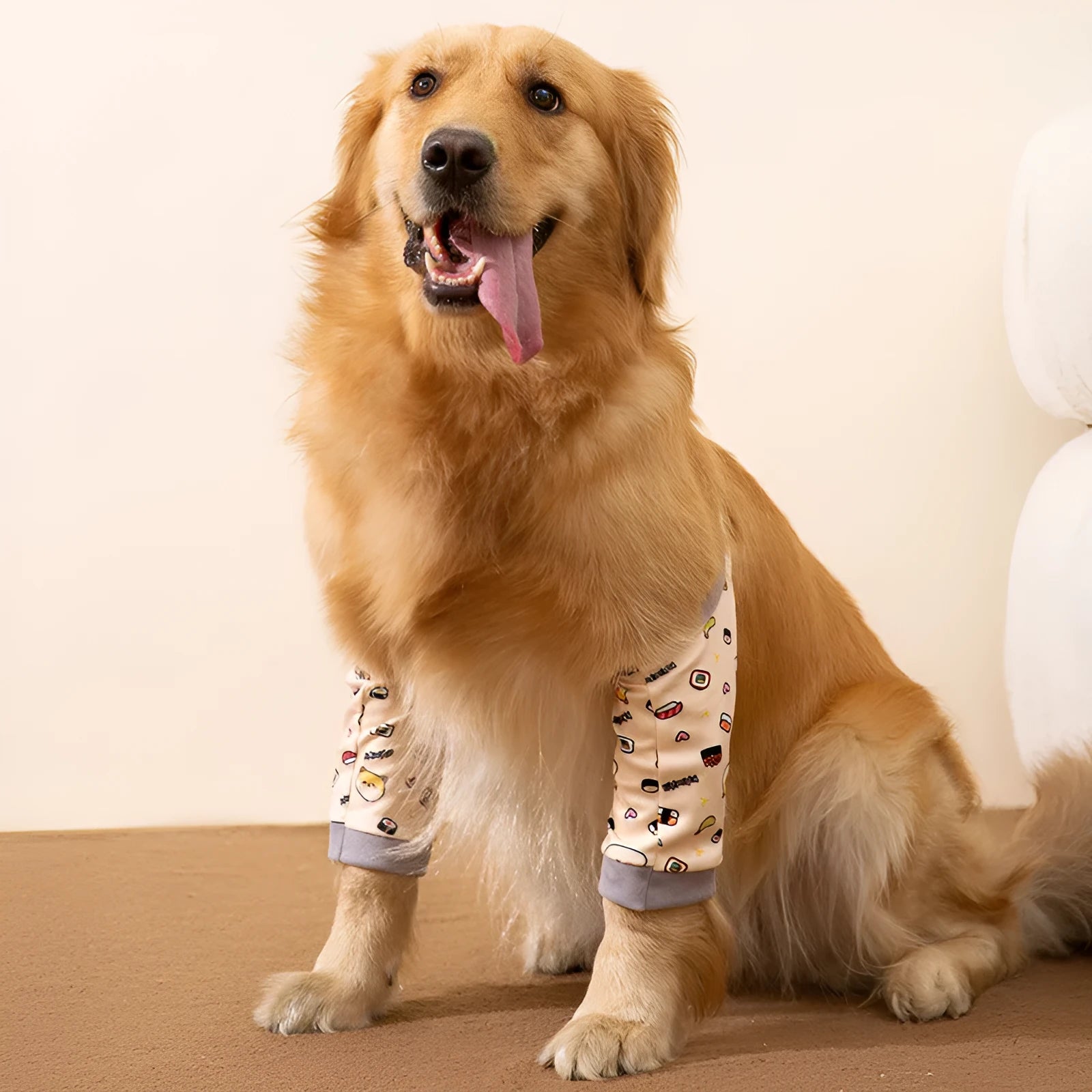 Blue dog knee protector pad with extra-thick elbow padding and matching scarf on a medium dog
