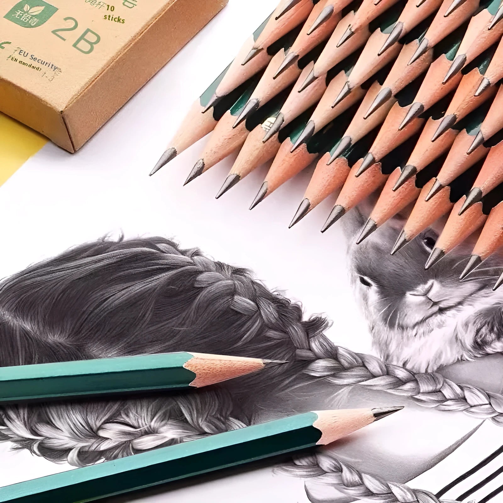 Green rod wooden six-angle pencils with HB and 2B grades in box of 10