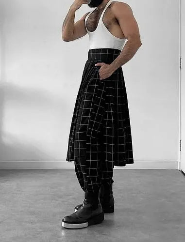 Men's plaid trousers with apron waist and elasticated back in tartan pattern with two utility pockets