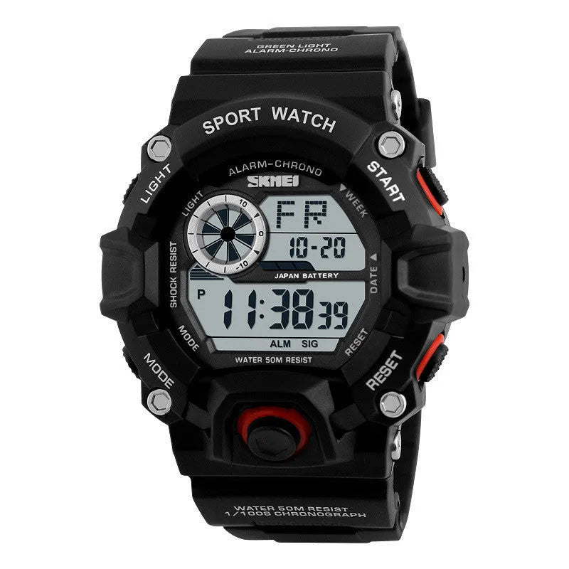 Digital sports watch with round dial, plastic strap, and display showing time, date, and dual time zones.