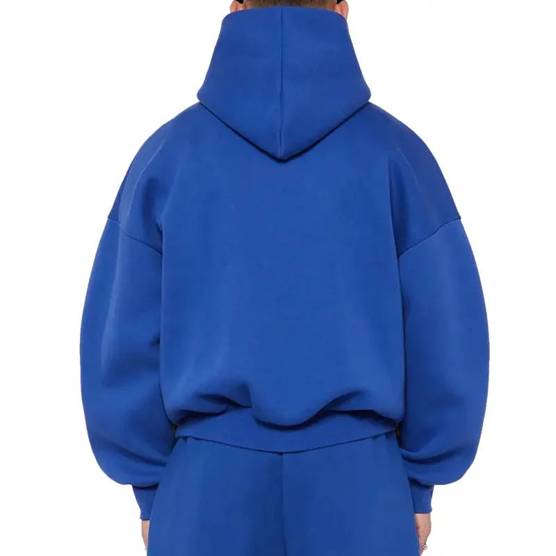 Men's solid colour fleece-lined hoodie sweater with wool lining, shown in black, blue, gray, and red.