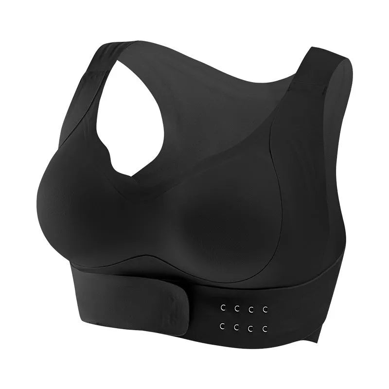 Women's front buckle yoga bra in black, showing back shaping design and adjustable straps.