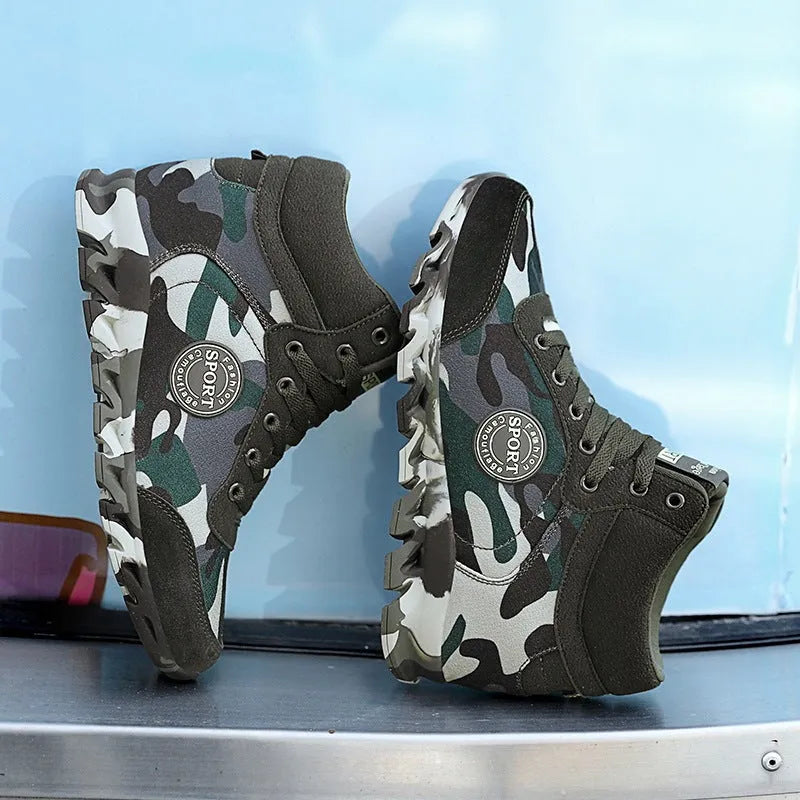 Green camouflage pattern women's canvas sneakers with rubber sole on a white background.