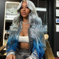 Grey blue gradient colour human hair lace front wig on a model, showing 4x4 lace construction and long, straight Ruili style.