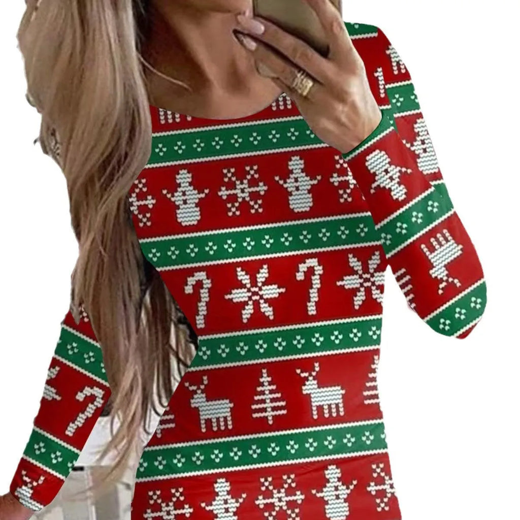 Women's tight-fitting Christmas dress with animal print and long sleeves in a floral colour.