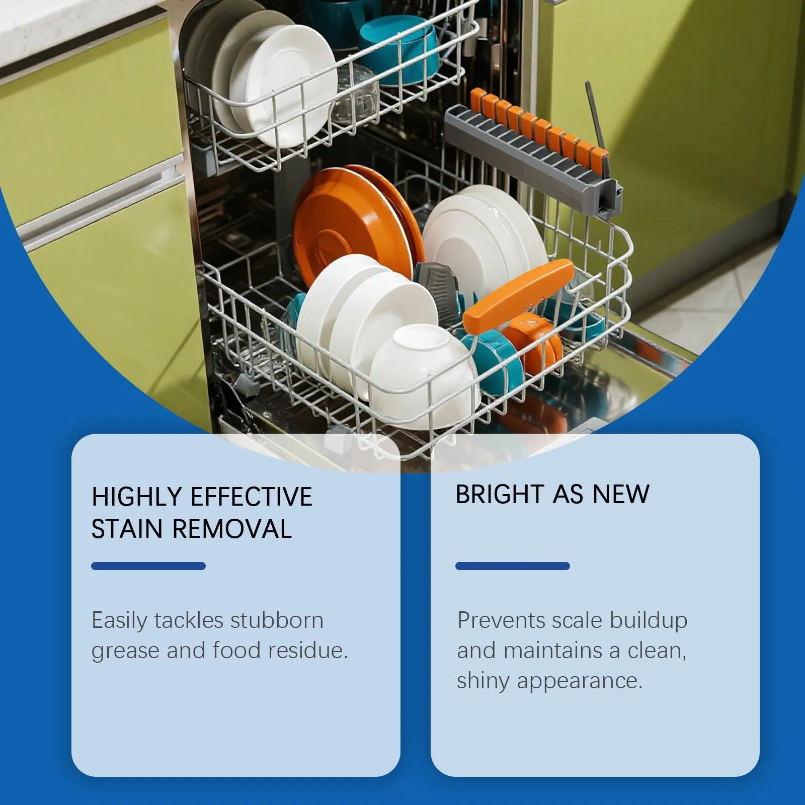 237mL bottle of concentrated dishwasher detergent for stain and oil removal on kitchenware.
