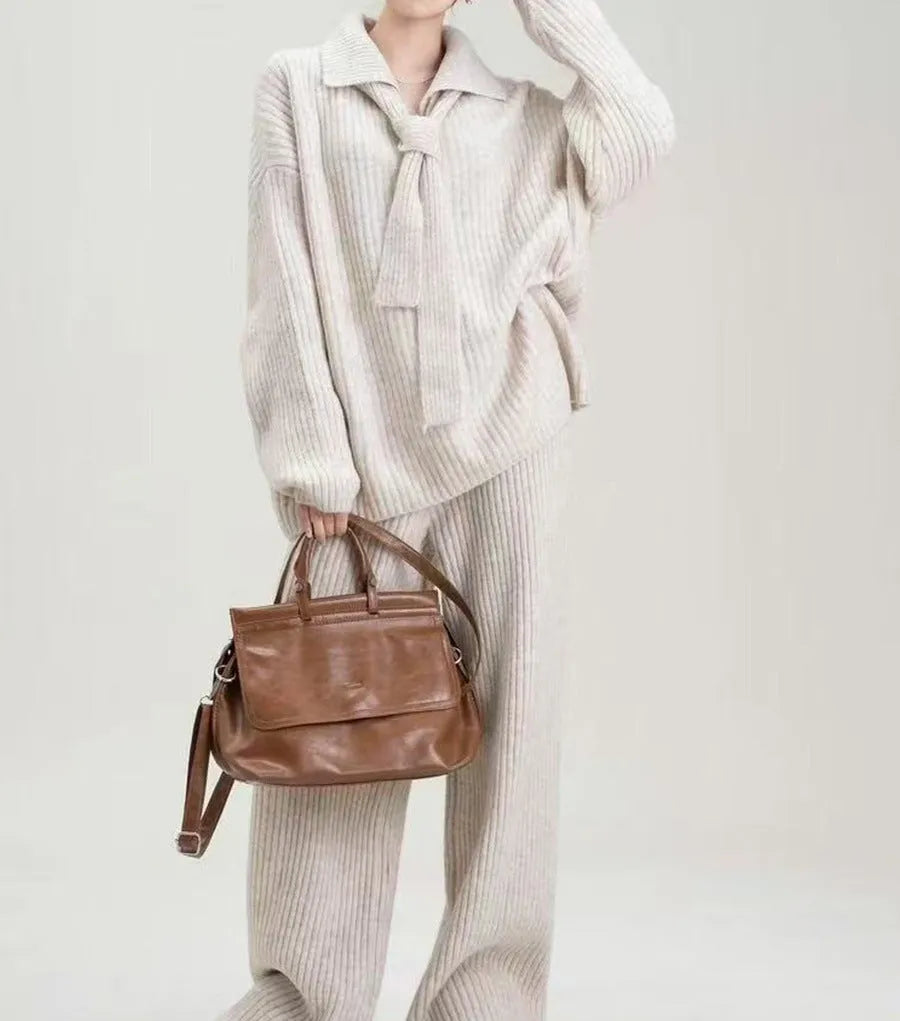 Sweater suit two-piece set in acrylic imitation cashmere fabric with long sleeves and trouser bottoms
