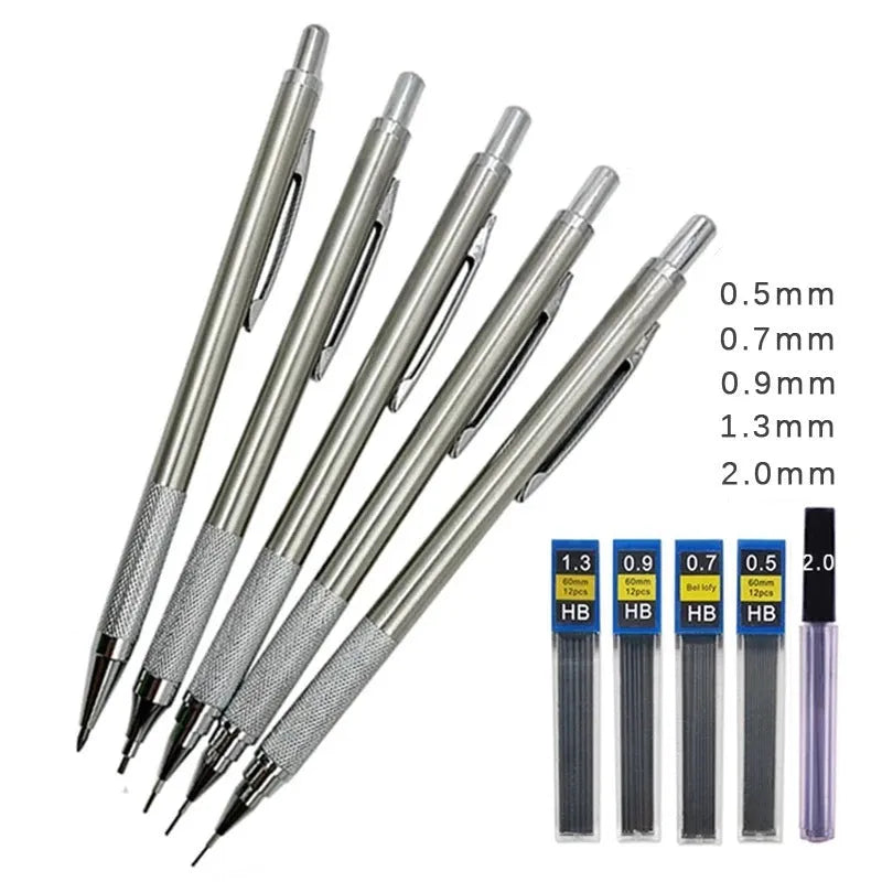 Metal automatic mechanical pencil with retractable tip, shown with compatible lead sizes from 0.3mm to 3.0mm.