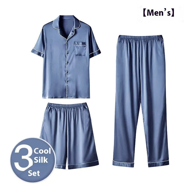 Men's ice silk three-piece home wear set showing shorts and trousers in a choice of colours.