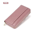 Women's long genuine leather wallet in multiple colours showing zip-around closure and anti-theft card slots.