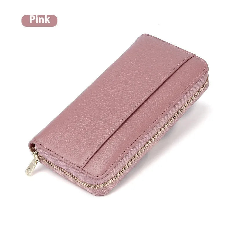 Women's long genuine leather wallet in multiple colours showing zip-around closure and anti-theft card slots.