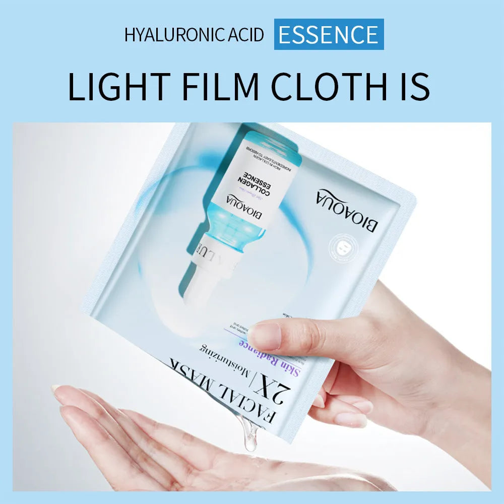 Single collagen hyaluronic acid facial sheet mask with 30g gel serum, shown on white background