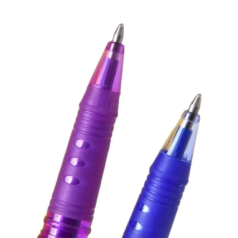 Set of heat-erasable gel pens with plastic barrels and stainless steel tips, showing assorted colours.