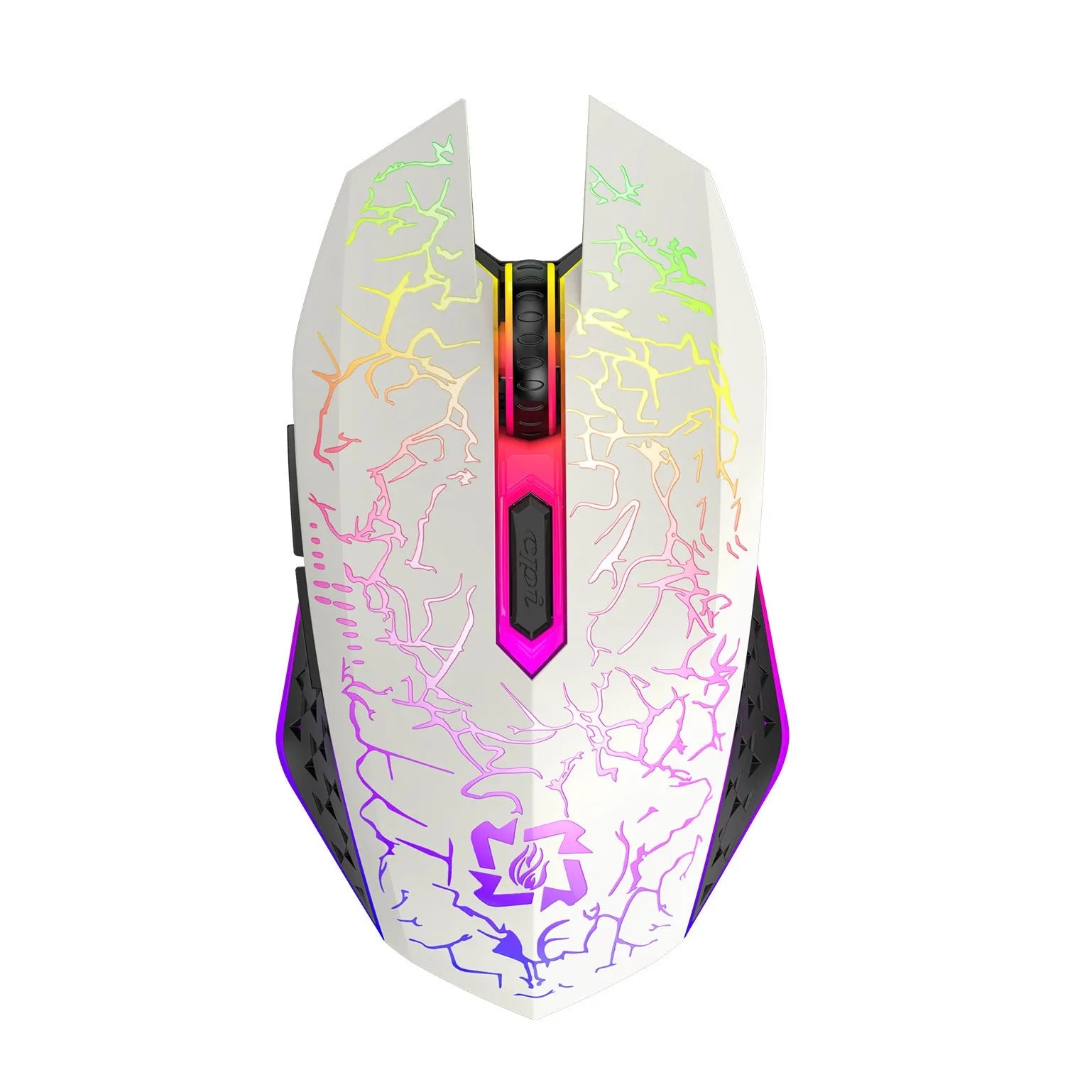 Black and white wireless gaming mouse with breathing lights showing Bluetooth and 2.4G connectivity options
