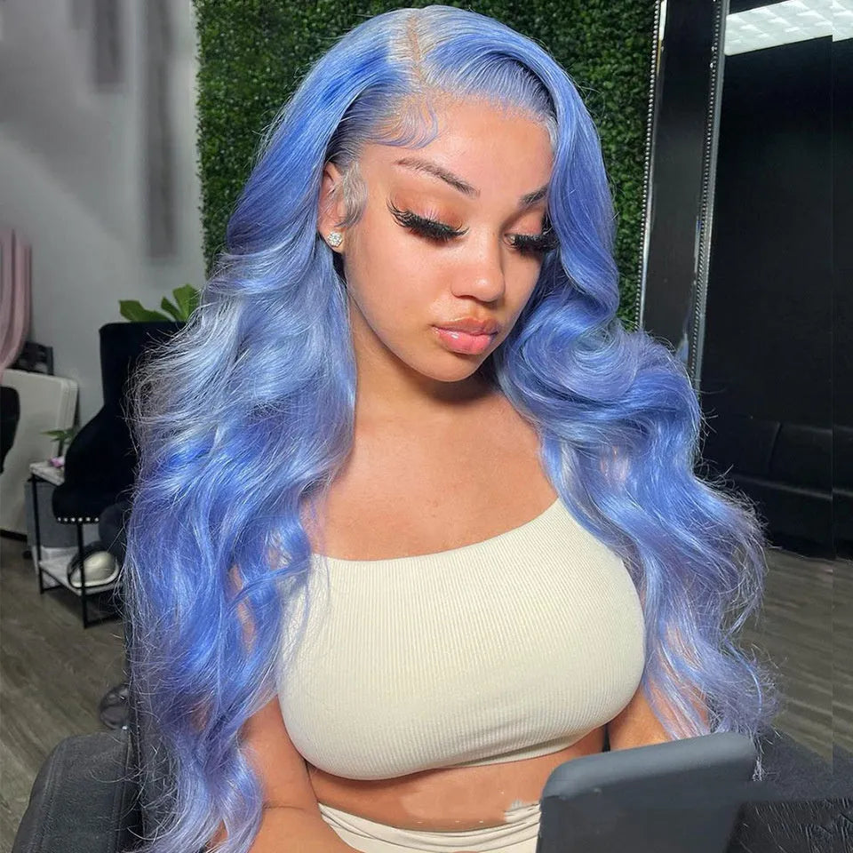 Body wave human hair lace front wig on a mannequin head showing medium long length