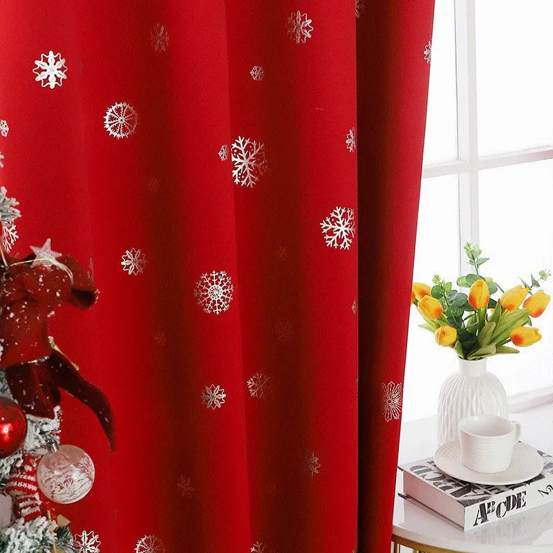 Snowflake pattern shade cloth curtain in red with iron hoop trim showing modern simplicity styling