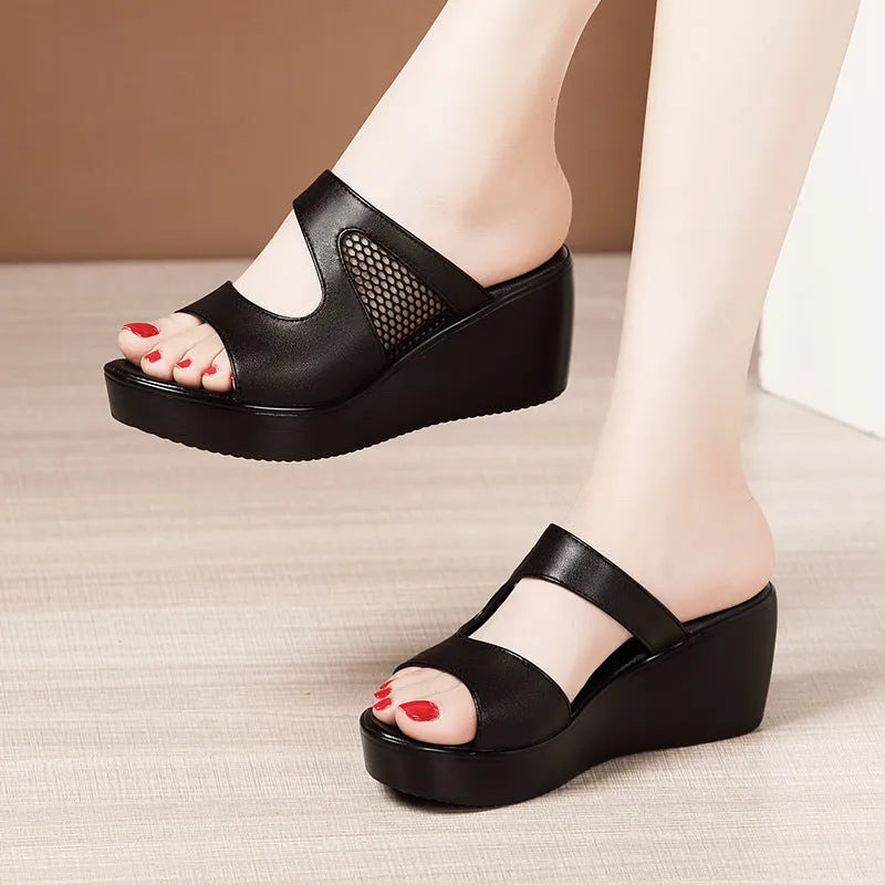 Black thick bottom platform mesh wedge sandals with 6cm heel and waterproof waxing leather upper