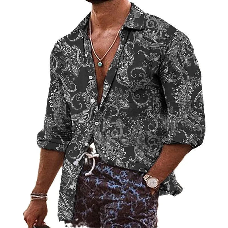 Men's loose fit long sleeve shirt with a colourful 3D floral digital print pattern.