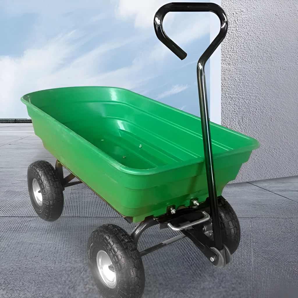 Green four-wheel plastic dumptruck for garden and agricultural use, model TC2145.
