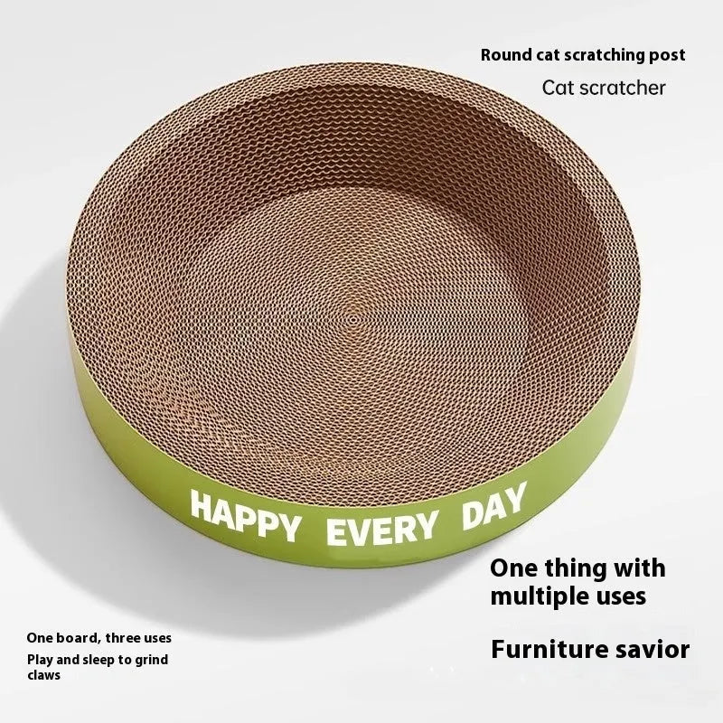 A green round cat nest with a built-in scratching board, shown in 50cm and 55cm size options.