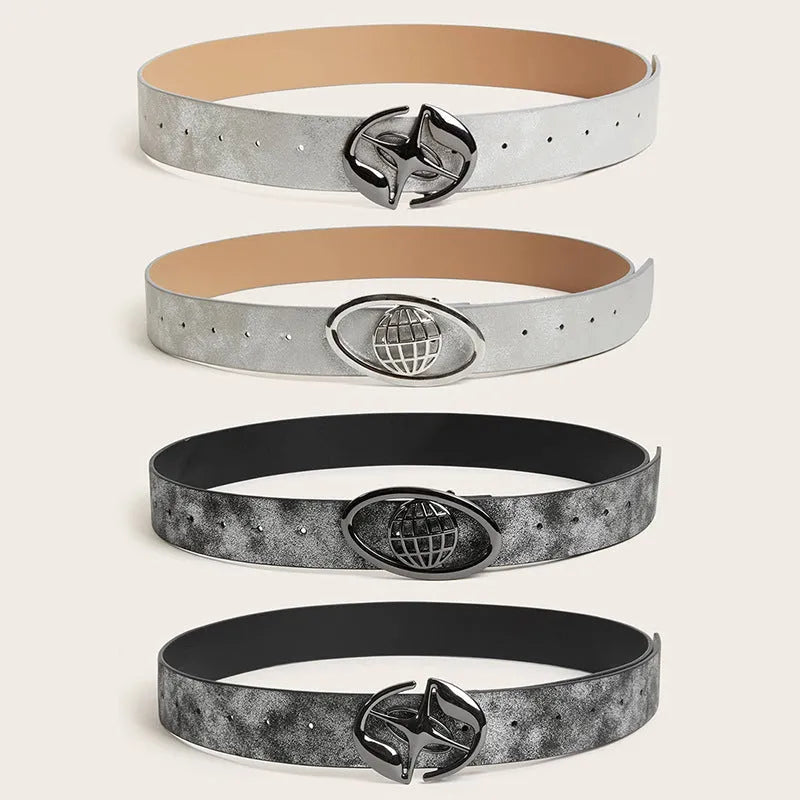 Retro women's thick belt with oval alloy buckle in antique grey-white finish