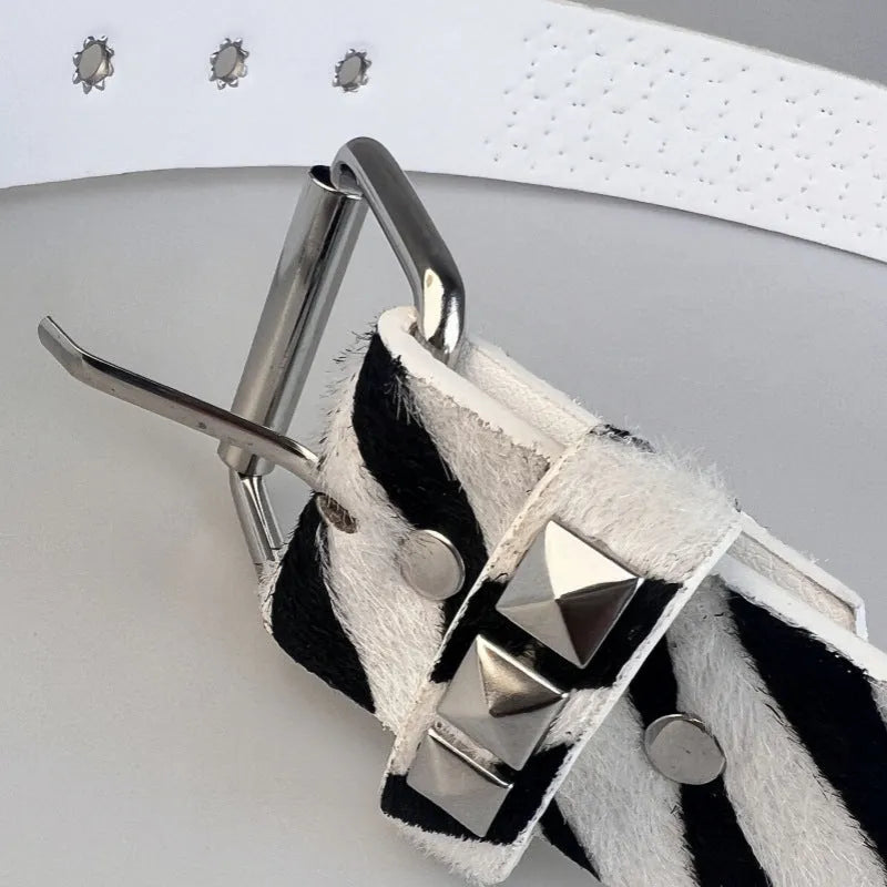 Punk style women's belt with metal decorative rivets on brown leopard print PU leather with an alloy buckle.