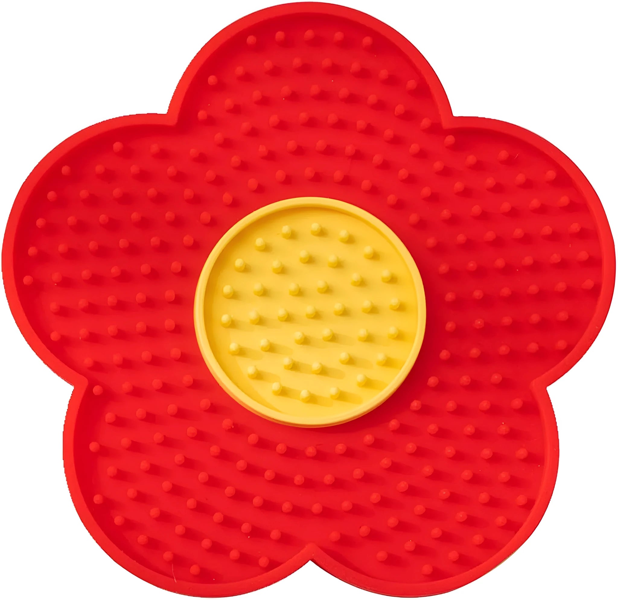 A blue flower-shaped silicone lick mat for pets with four white suction cups on the underside.