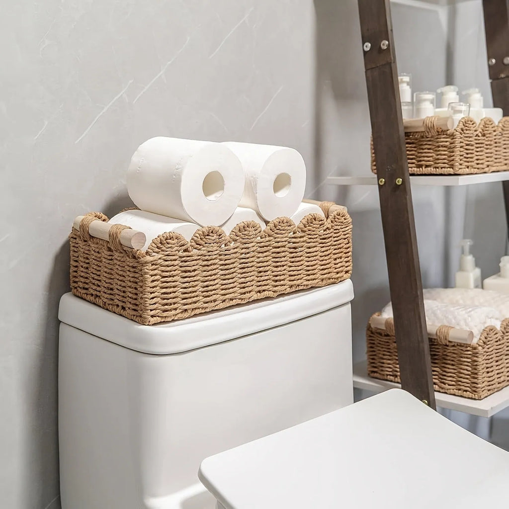 Rectangular woven paper storage basket in modern style measuring 35.5cm long for desktop organisation