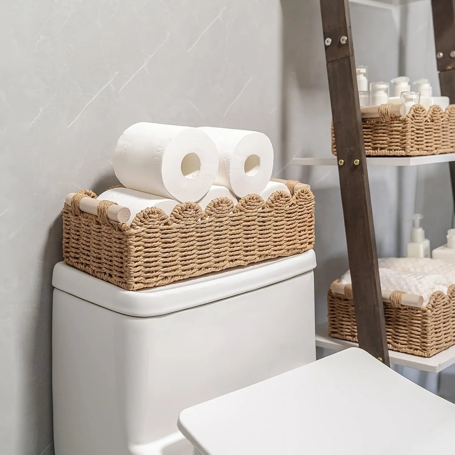 Rectangular woven paper storage basket in modern style measuring 35.5cm long for desktop organisation