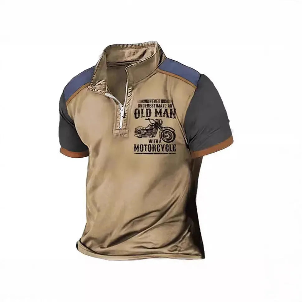Men's casual polo shirt with digital letter pattern and zipper decoration on the lapel.