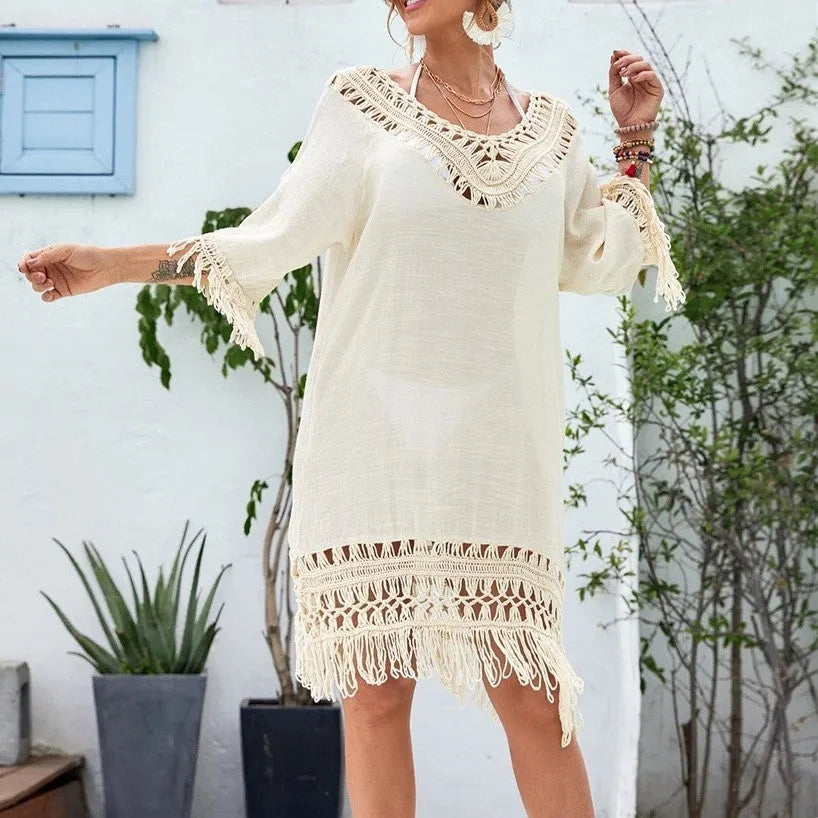 Women's apricot crocheted knitted patchwork beach dress with half sleeves and mid-length skirt in free size