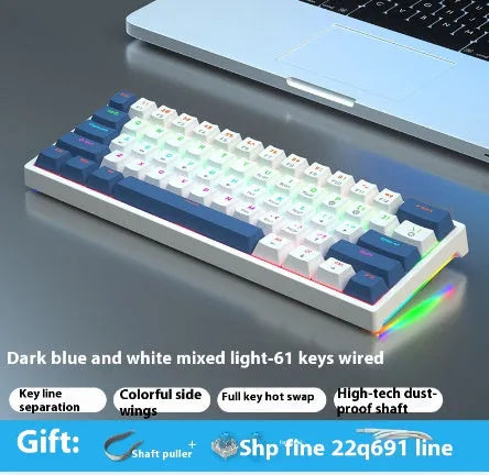 Bluish-black 61-key mechanical keyboard with wired USB cable on desktop