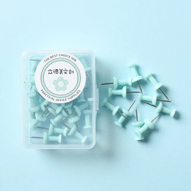 Plastic push pins in cherry blossom pink, mint green, and lavender, showing large and small sizes in a box.