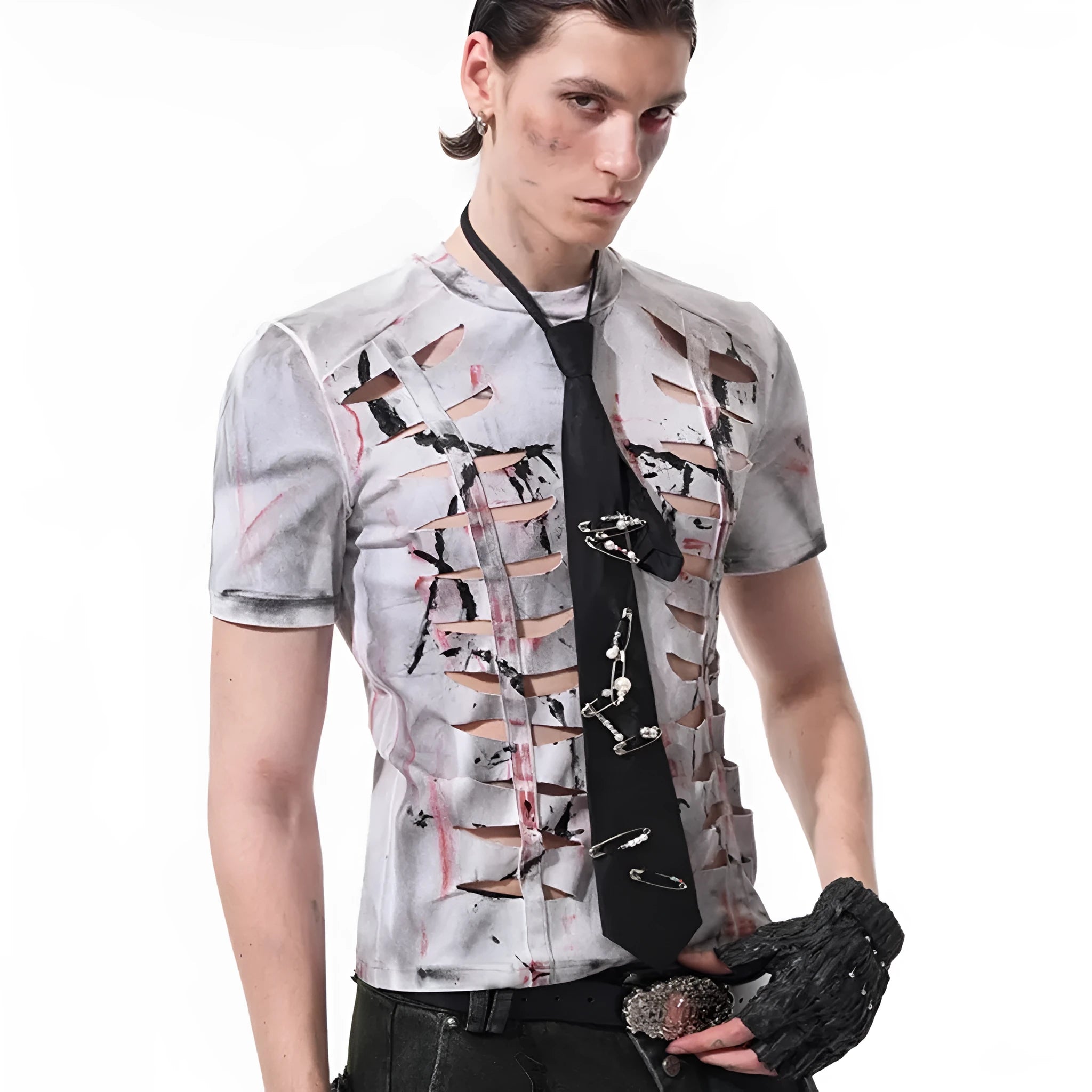 Men's white cotton t-shirt with hollow-out cut design, short sleeves, and tight fit on Asian sizing mannequin