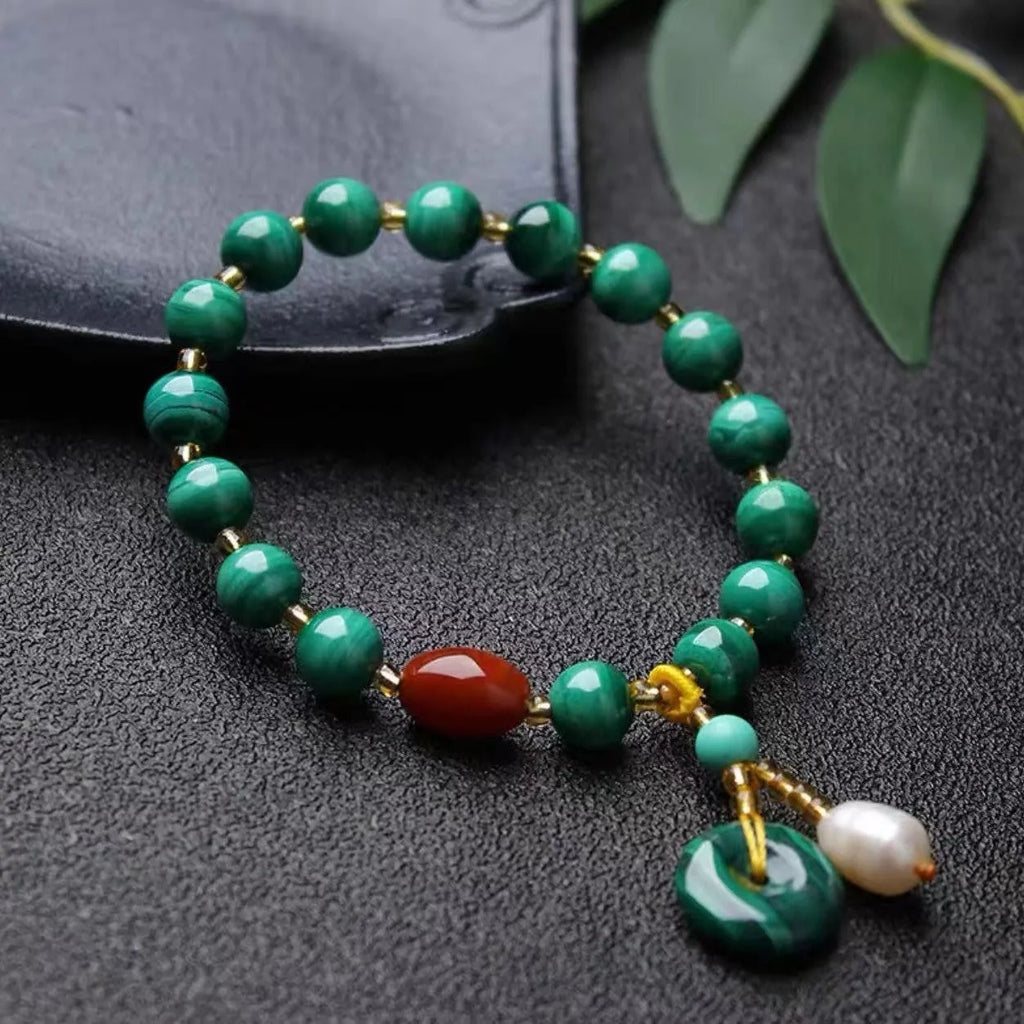 Natural green malachite and red agate barrel bead bracelet with approximately 7-8mm beads