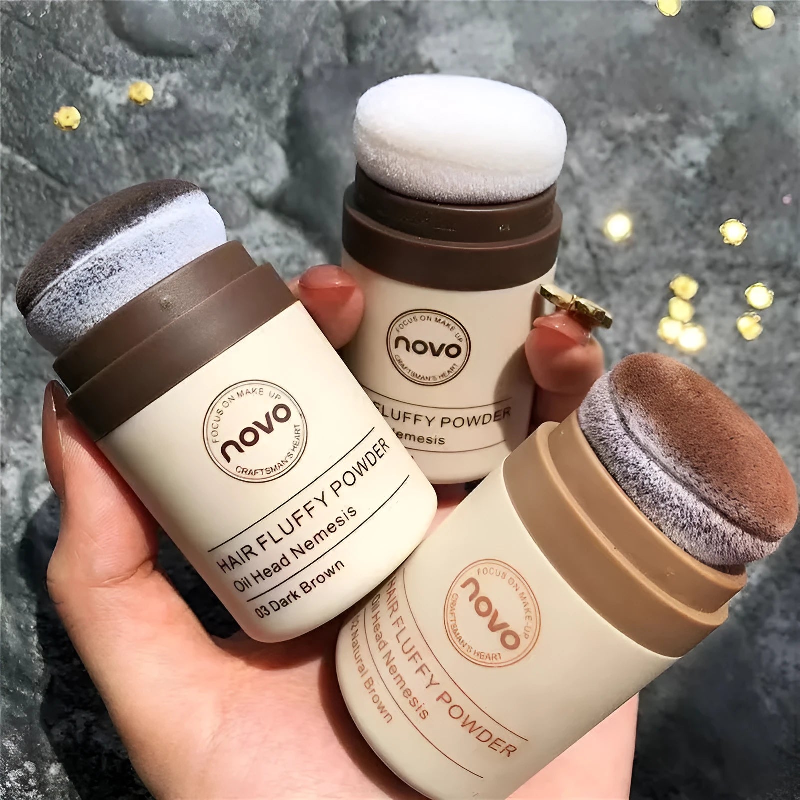 Veejaqa mattifying face powder compact in transparent, brown, and dark brown shades for oil control.
