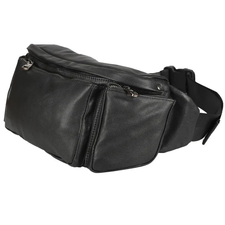 Black cowhide leather messenger bag with large capacity, oval shape, and zipper closure – worn over the shoulder as a crossbody bag