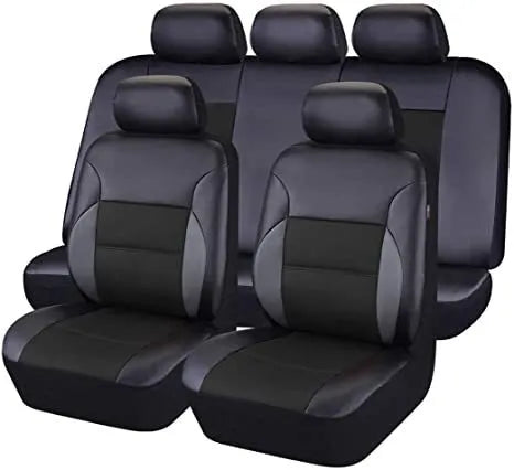 Artificial leather car seat cover set with front seat, backrest, and headrest pieces in multiple colour options
