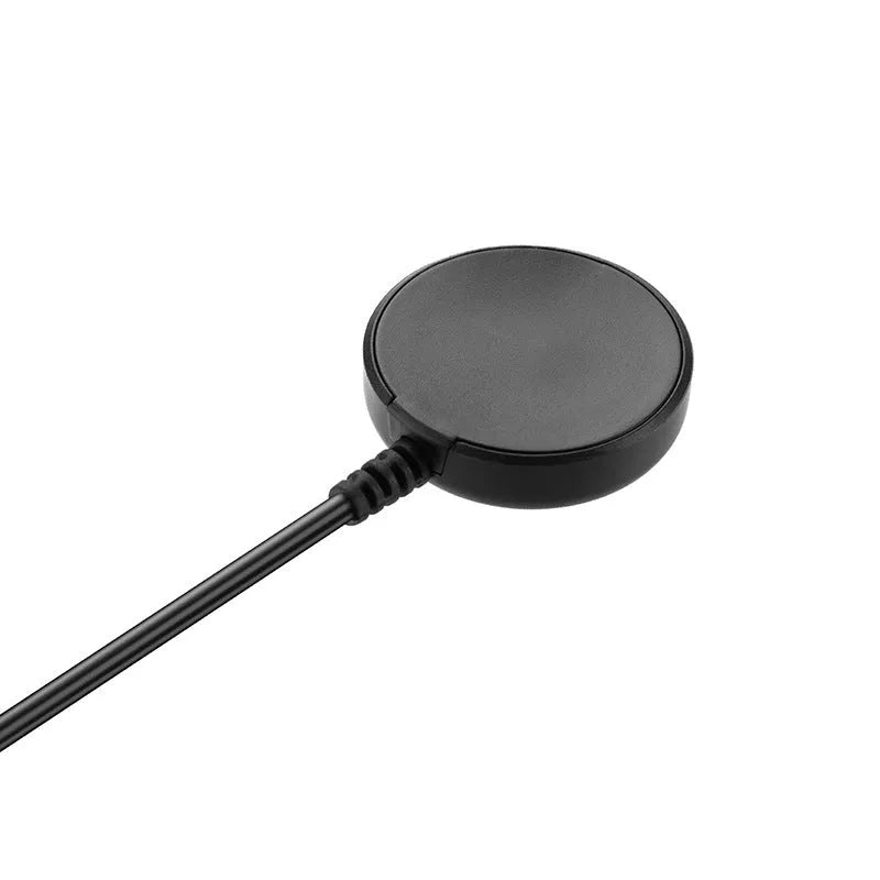 Black plastic USB watch charger measuring 34mm by 10mm with integrated charging cable