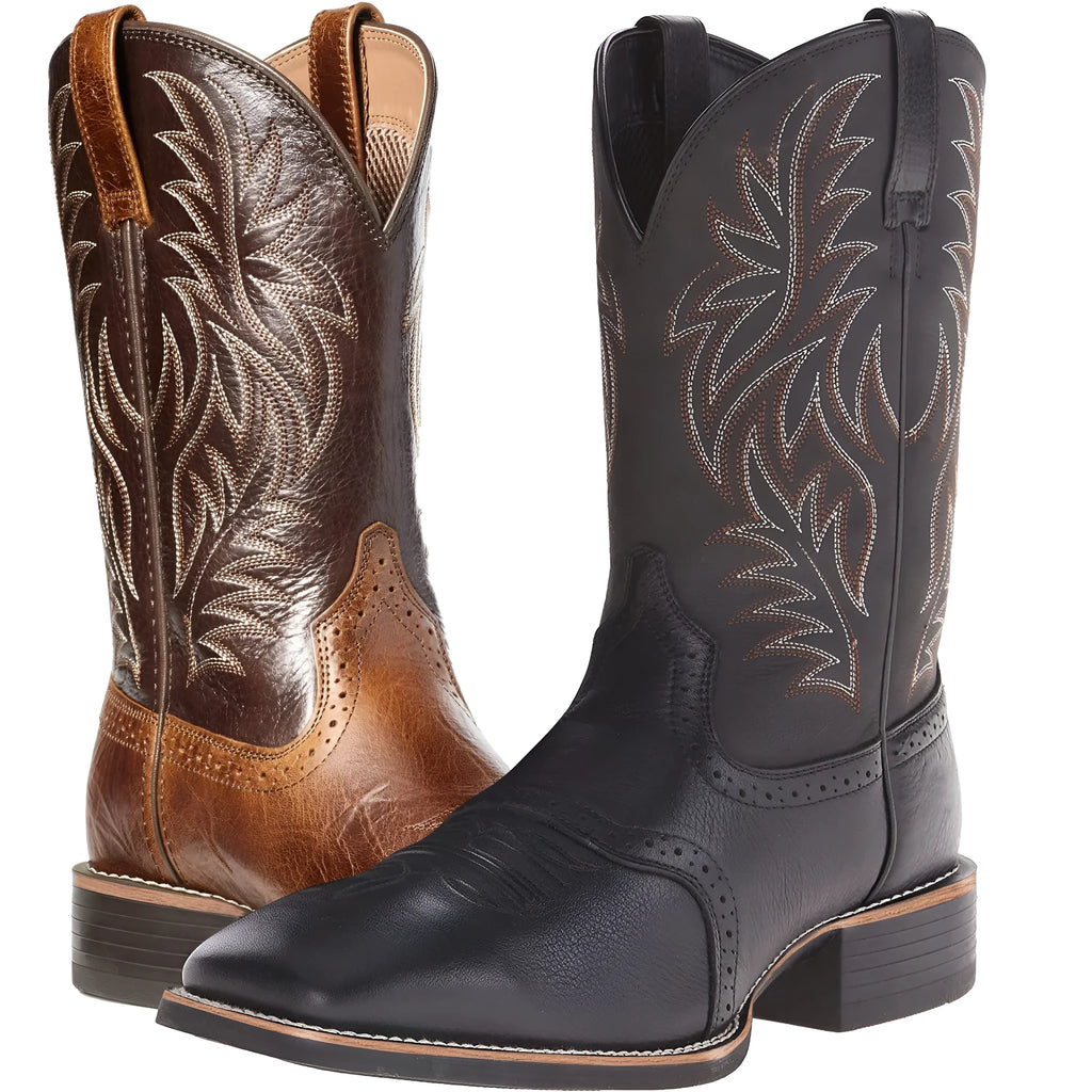 Men's black and brown western cowboy boots with detailed embroidery on a square toe and a high shaft.