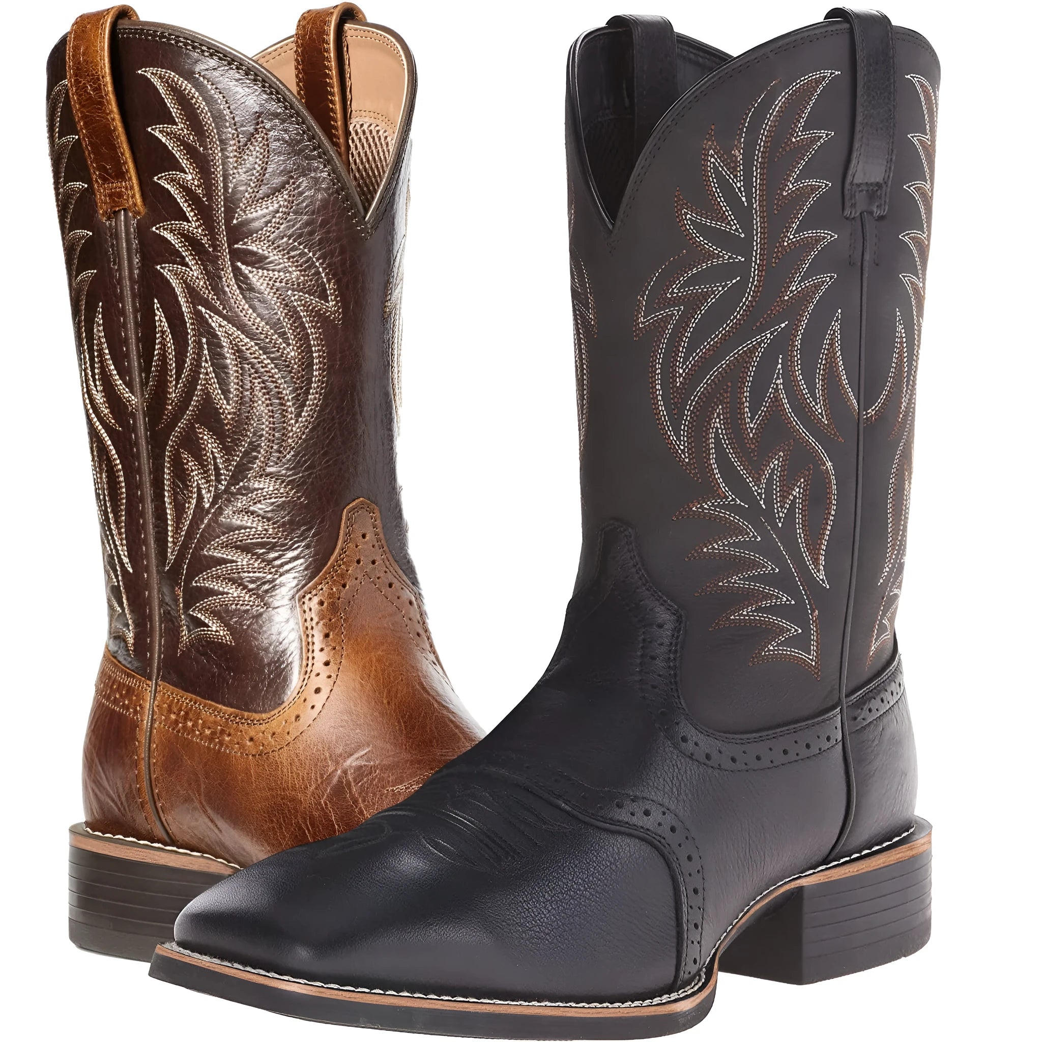 Men's black and brown western cowboy boots with detailed embroidery on a square toe and a high shaft.
