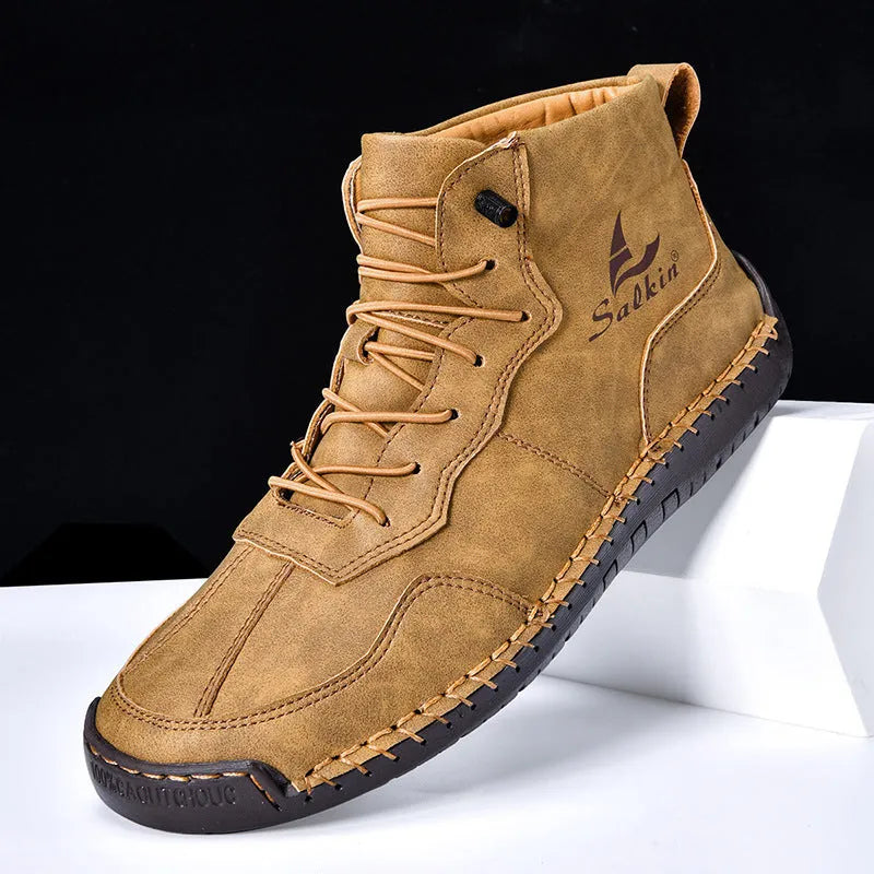 Retro high-top casual boots in artificial PU leather with a round toe and elastic band, shown in beige colour.