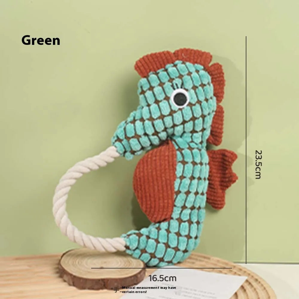 Pineapple velvet molar plush pet toy in yellow seahorse colour with squeaker, 16.5 x 23.5 cm