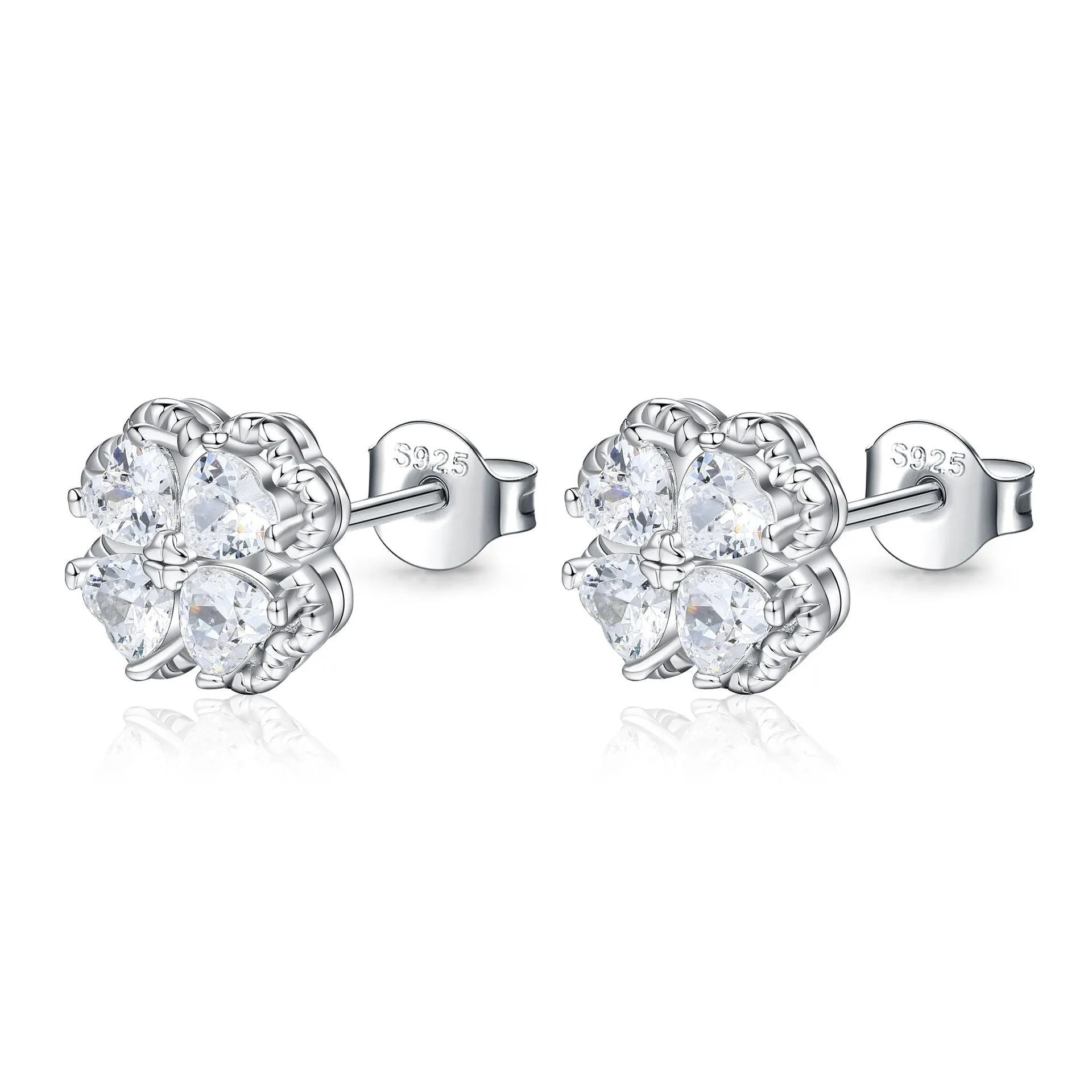 925 silver four-leaf clover earrings with inlaid zircon stones, white gold colour, heart-shaped love design for women