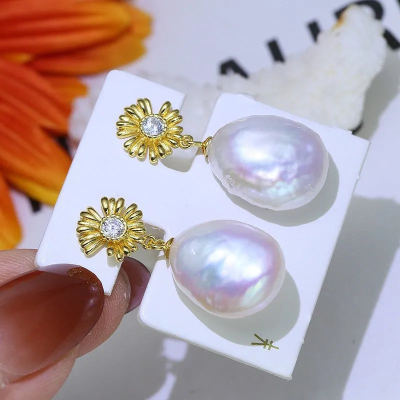 Baroque sterling silver flower earrings with ring holder in silver or gold finish.