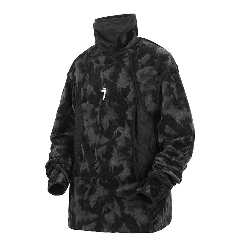Men's black tie-dye printed turtleneck sweater with drop-shoulder sleeves
