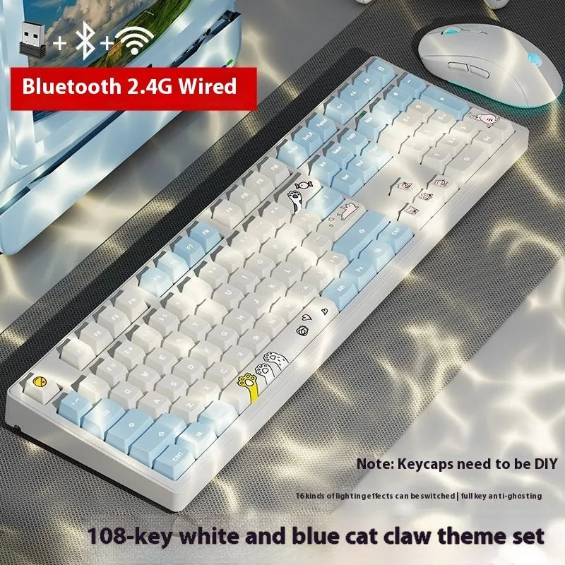 Wireless mechanical keyboard with three connection modes, shown in a choice of 87-key or 108-key layouts and various colour themes.